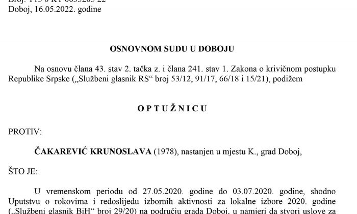 FOTO: Dobojski Info | PONIŠTENI IZBORI 2020: Potvrđena optužnica protiv Krunoslava Čakarevića zbog falsifikovanja isprave i neovlaštenog korištenja ličnih podataka