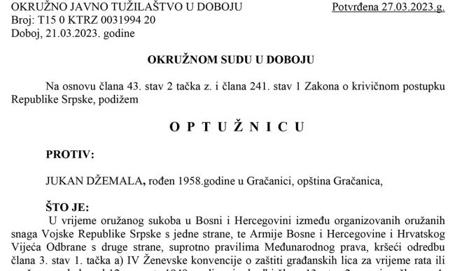 FOTO: Dobojski Info | DOBOJ: Potvrđena optužnica zbog ratnog zločina protiv civilnog stanovništva