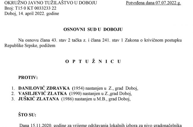 FOTO: Dobojski Info | Potvrđena optužnica protiv tri člana biračkog odbora zbog izborne prevare - Zarječa