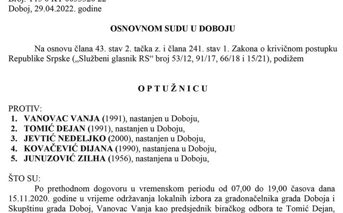 FOTO: Dobojski Info | Potvrđena optužnica protiv pet članova biračkog odbora zbog izborne prevare - Doboj Novi 1B