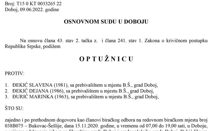 FOTO: Dobojski Info | PONIŠTENI IZBORI 2020: Potvrđena optužnica protiv tri člana biračkog odbora zbog izborne prevare - Bukovac - Šešlije