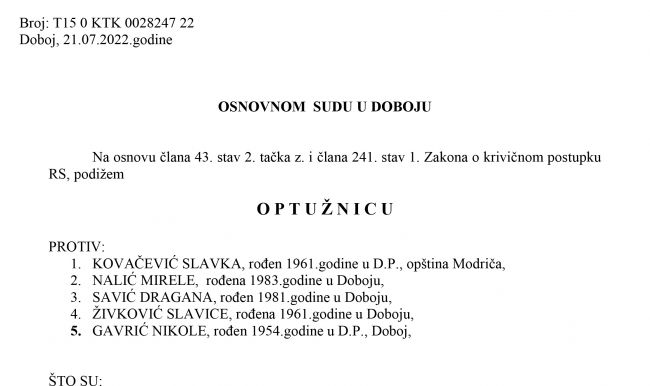 FOTO: Dobojski Info | DOBOJ: Potvrđena optužnica protiv Kovačević Slavka, Nalić Mirele, Savić Dragana, Živković Slavice i Gavrić Nikole