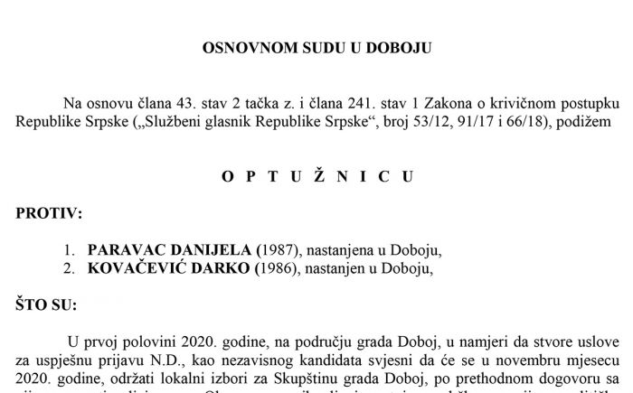 FOTO: Dobojski Info | Potvrđena optužnica protiv Paravac Danijele i Kovačević Darke zbog neovlaštenog korištenja ličnih podataka i falsifikovanja isprave