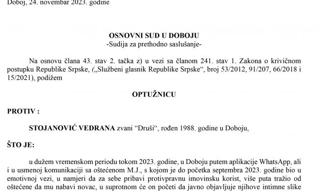 DOBOJ: Potvrđena optužnica za krivična djela ucjena u pokušaju, tjelesna povreda i protivpravno lišenje slobode