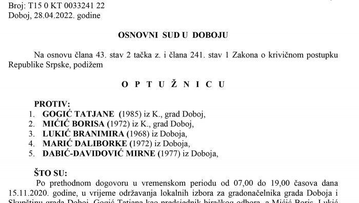 FOTO: Dobojski Info | PONIŠTENI IZBORI 2020: Potvrđena optužnica protiv pet članova biračkog odbora zbog izborne prevare u postupku izbornih aktivnosti