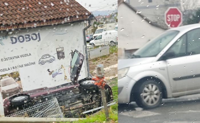 FOTO: Dobojski Info | SAOBRAĆAJNA NEZGODA NA IZLAZU IZ DOBOJA: Automobil završio u dvorištu na krovu