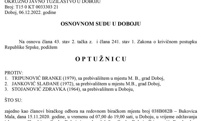 FOTO: Dobojski Info | PONIŠTENI IZBORI 2020: Potvrđena optužnica protiv tri člana biračkog odbora zbog izborne prevare - Bukovica Mala