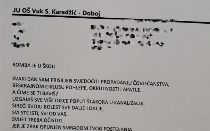 DOBOJSKI INFO DONOSI Tekst prijetećeg e-maila poslanog školama u Doboju