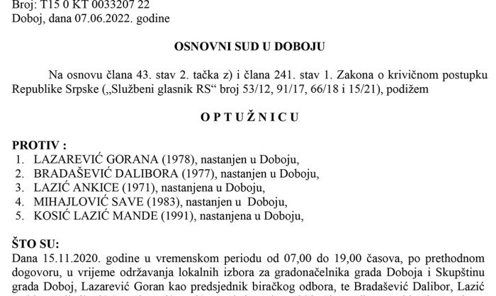 FOTO: Dobojski Info | Potvrđena optužnica protiv četiri člana biračkog odbora zbog izborne prevare - Saobraćajni fakultet 3A