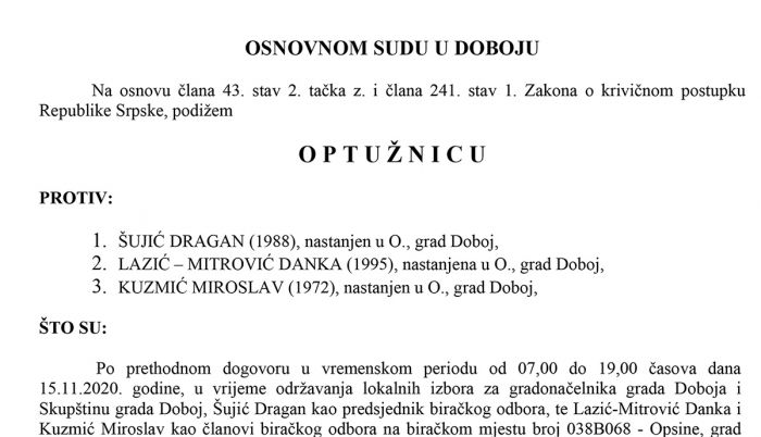 FOTO: Dobojski Info | PONIŠTENI IZBORI 2020: Potvrđena optužnica protiv tri člana biračkog odbora zbog izborne prevare - Opsine